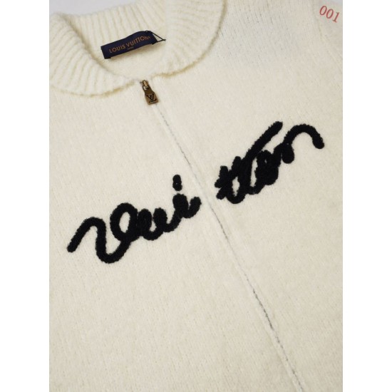 ルイ・ヴィトン 2026FW 手書き風サガラ刺繍 ケーブルニット ジップアップジャケット 白 メンズ レディース