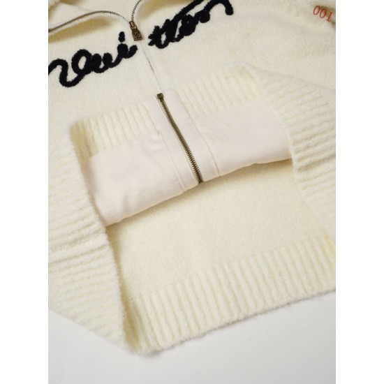ルイ・ヴィトン 2026FW 手書き風サガラ刺繍 ケーブルニット ジップアップジャケット 白 メンズ レディース