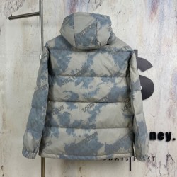ルイ・ヴィトン 2026FW モノグラム迷彩 90%ダウン フード付きダウンジャケット 灰色 青 メンズ レディース