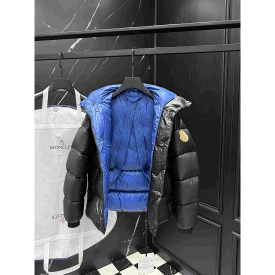 モンクレール メンズ/レディース コントラストカラー立襟 スクエアキルティング ダウンジャケット ブラック×ブルー 男女兼用