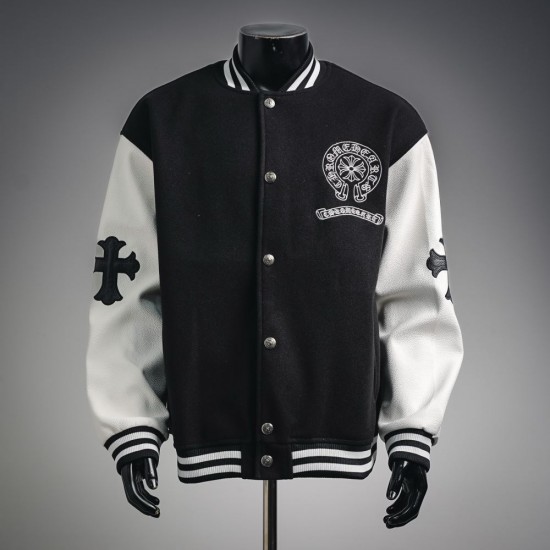 CHROME HEARTS クロムハーツ 2026FW ホースシュー フローラルクロス刺繍 袖レザー 切替 スタジャン 男女兼用