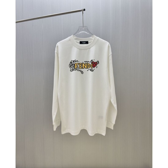 FENDI フェンディ アートグラフィック ロゴプリント クルーネック ロングTシャツ スウェット オフホワイト 男女兼用