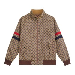 GUCCI グッチ GG総柄 モノグラム ウェブストライプ切替 スタンドカラー ジップアップジャケット ブルゾン カーキ 男女兼用