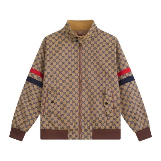 GUCCI グッチ GG総柄 モノグラム ウェブストライプ切替 スタンドカラー ジップアップジャケット ブルゾン カーキ 男女兼用