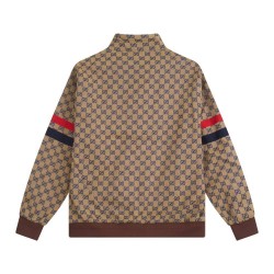 GUCCI グッチ GG総柄 モノグラム ウェブストライプ切替 スタンドカラー ジップアップジャケット ブルゾン カーキ 男女兼用