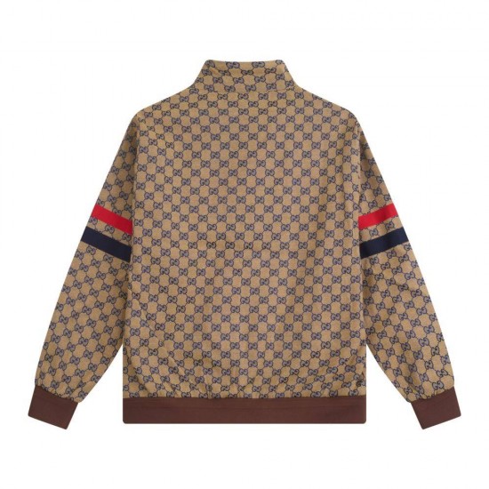 GUCCI グッチ GG総柄 モノグラム ウェブストライプ切替 スタンドカラー ジップアップジャケット ブルゾン カーキ 男女兼用