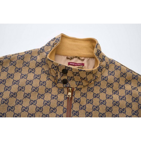 GUCCI グッチ GG総柄 モノグラム ウェブストライプ切替 スタンドカラー ジップアップジャケット ブルゾン カーキ 男女兼用