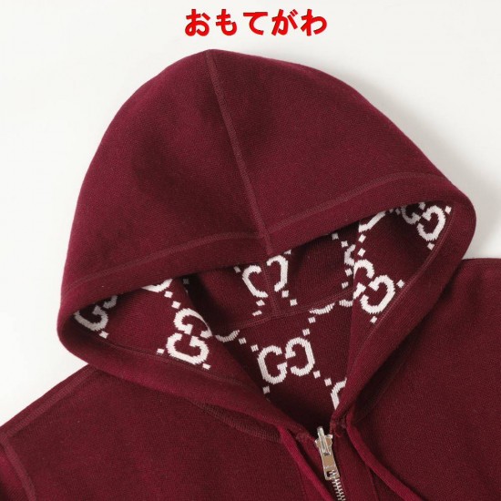 GUCCI グッチ GG総柄 リバーシブル カシミヤウール ニットジップアップパーカー フーディー レッド 男女兼用