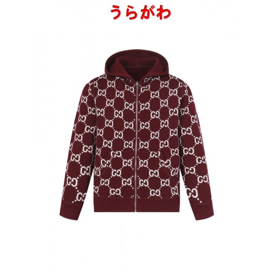 GUCCI グッチ GG総柄 リバーシブル カシミヤウール ニットジップアップパーカー フーディー レッド 男女兼用