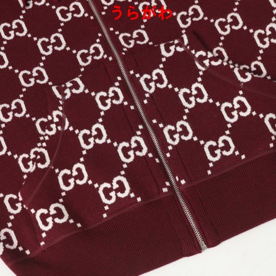GUCCI グッチ GG総柄 リバーシブル カシミヤウール ニットジップアップパーカー フーディー レッド 男女兼用