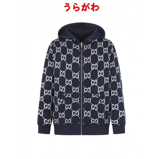 GUCCI グッチ GG総柄 リバーシブル カシミヤウール ニットジップアップパーカー フーディー 藏青色 ネイビー 男女兼用