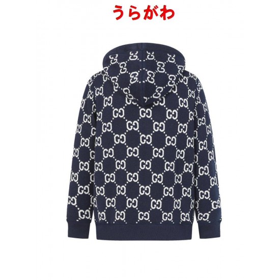 GUCCI グッチ GG総柄 リバーシブル カシミヤウール ニットジップアップパーカー フーディー 藏青色 ネイビー 男女兼用