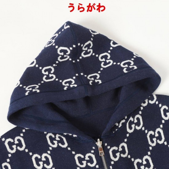 GUCCI グッチ GG総柄 リバーシブル カシミヤウール ニットジップアップパーカー フーディー 藏青色 ネイビー 男女兼用
