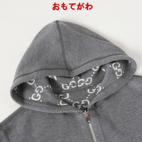 GUCCI グッチ GG総柄 リバーシブル カシミヤウール ニットジップアップパーカー フーディー 藏青色/グレー 男女兼用