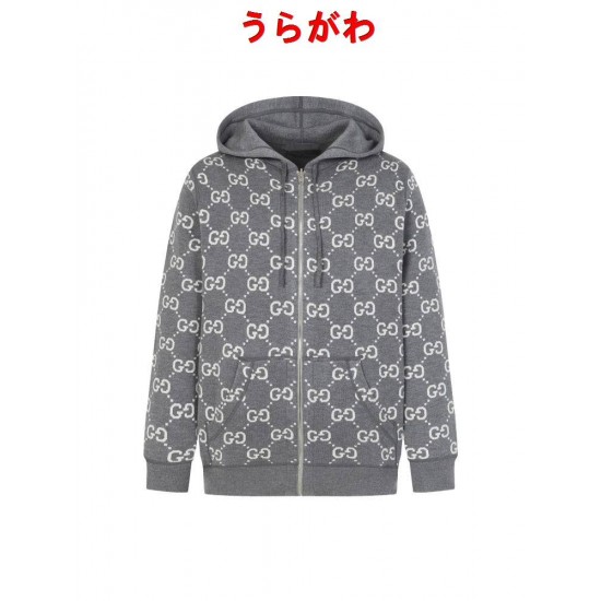 GUCCI グッチ GG総柄 リバーシブル カシミヤウール ニットジップアップパーカー フーディー 藏青色/グレー 男女兼用