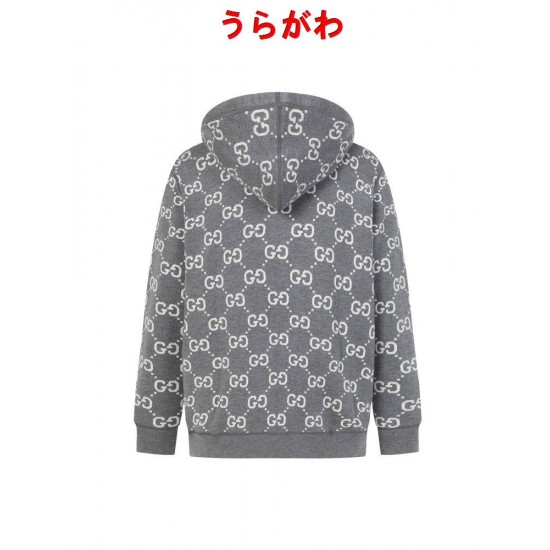 GUCCI グッチ GG総柄 リバーシブル カシミヤウール ニットジップアップパーカー フーディー 藏青色/グレー 男女兼用