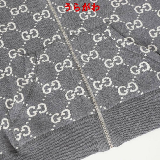 GUCCI グッチ GG総柄 リバーシブル カシミヤウール ニットジップアップパーカー フーディー 藏青色/グレー 男女兼用