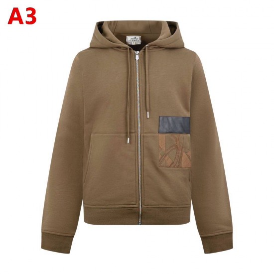 HERMÈS エルメス AA684-B85 ラムレザーポケット 馬術モチーフ刺しゅう ジップアップパーカー フーディー 3色展開 男女兼用